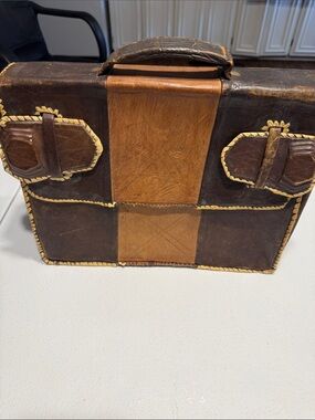 Vintage Two-Tone Brown Leather Briefcase with Tan Center Panel